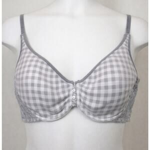 Lane Bryant Cacique Gingham Lace Underwire Bra 44C Gray White Front Detail